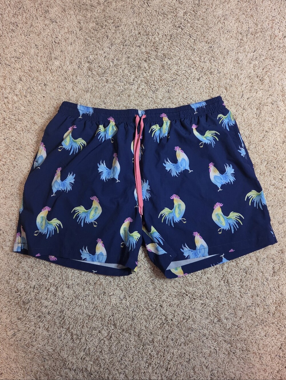 Chubbies 5.5 Inch Inseam Navy Rooster Print Swim Trunks with Pink Drawstring